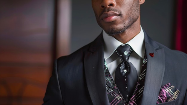 A handsome black man exudes confidence in a tailored suit with delicately beaded lapels and cuffs