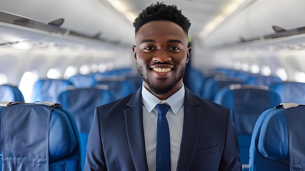 Photo handsome black man flight attendant smiling standing in the middle of an airplane cabin