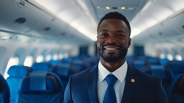 Photo handsome black man flight attendant smiling standing in the middle of an airplane cabin