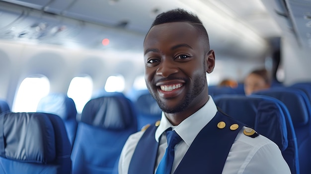 Photo handsome black man flight attendant smiling standing in the middle of an airplane cabin