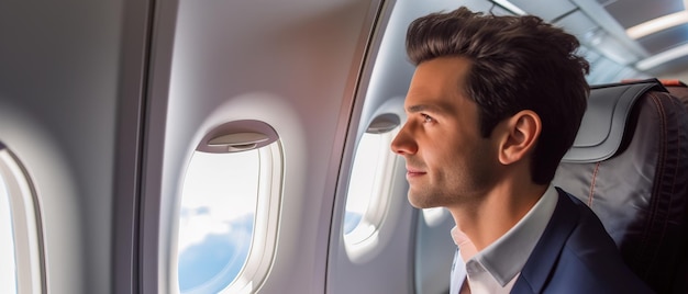 Handsome blond man looks out the window of an airplane while in flight