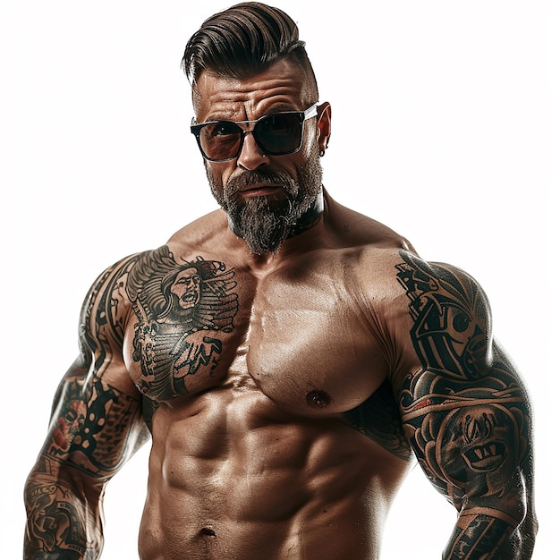 Photo handsome body builder men wearing sunglass with tattoo