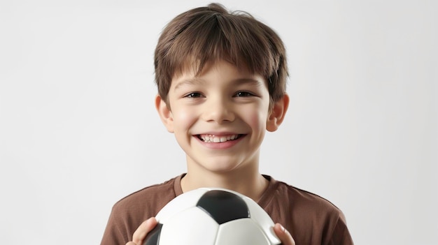 Handsome boy holding a soccer ball in his hands posing in the studio Football concept