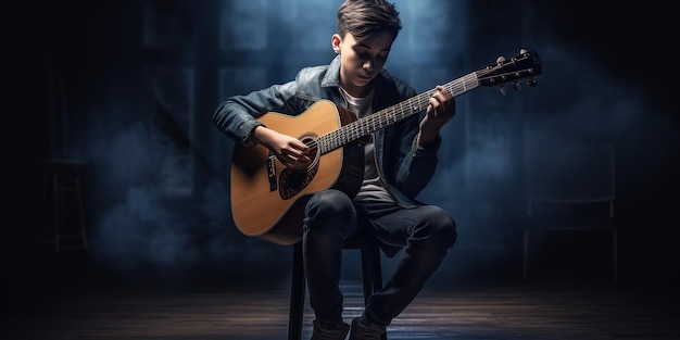 handsome boy playing accoustic guitar sitting on chair with stage background