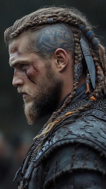 Photo handsome brutal strong wild man viking with patterns on face and beard blue eyes and snowy location barbarian viking ragnar