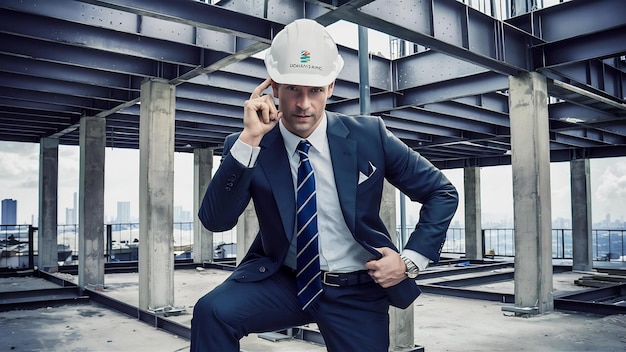 Handsome business man engineer in hard hat in a building