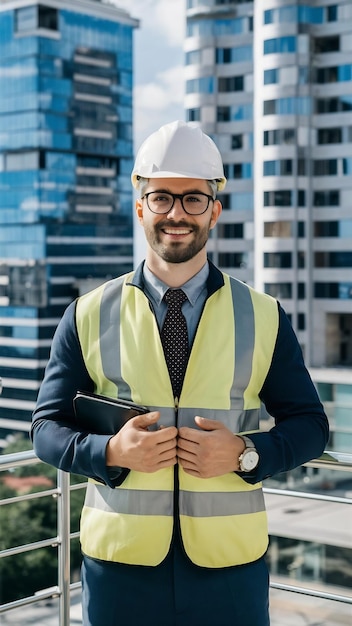 Handsome business man engineer in hard hat in a building