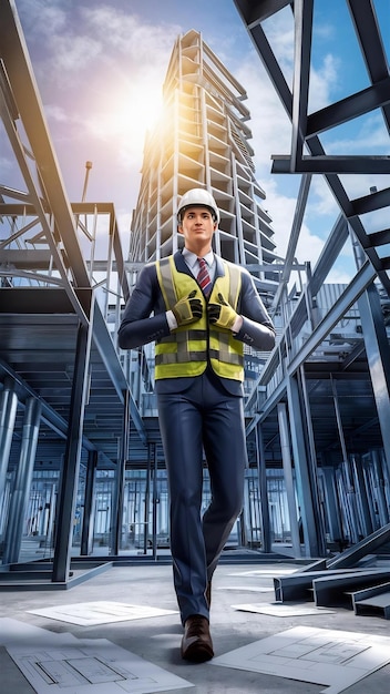 Handsome business man engineer in hard hat in a building