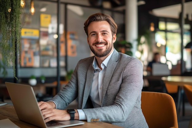 Handsome business man working on computer in office