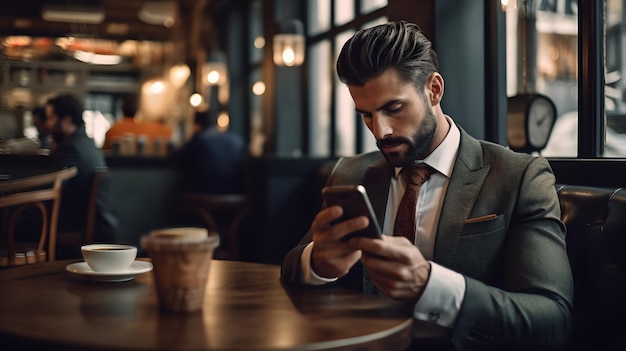 Handsome businessman chating with his phone during coffee break in a cafe Created with Generative AI technology