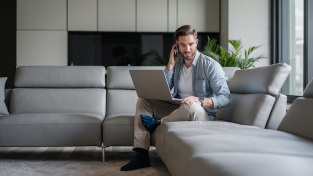 Photo handsome businessman making phonecall while sitting on hotel room bed and using laptop during busine