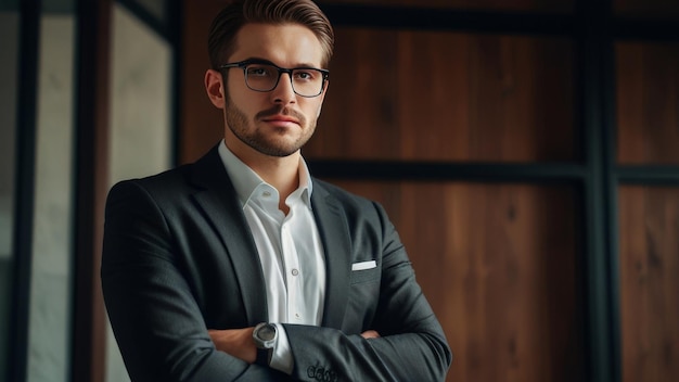 Photo handsome businessman in a suit and glasses with his arms crossed