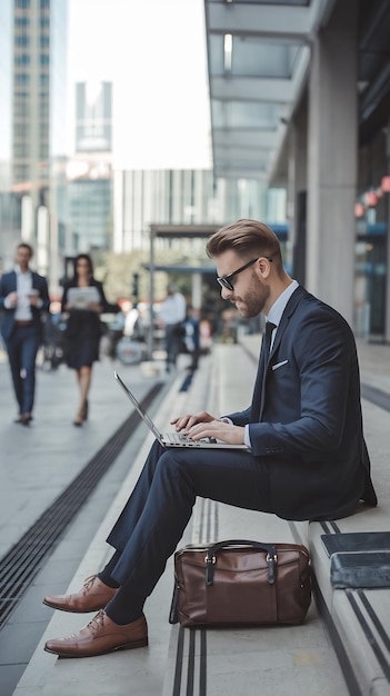 Photo handsome businessman in a suit is sitting on steps next to business center and working on a laptop