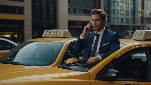 Photo handsome businessman in suit using laptop and making phone call in taxi