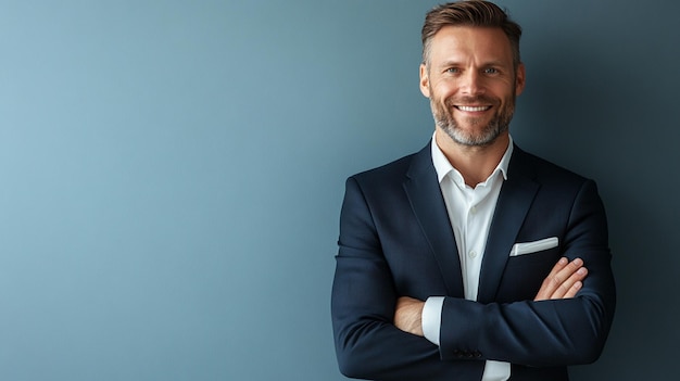 Handsome businessman in suit with crossed arms and warm smile on light blue grey background