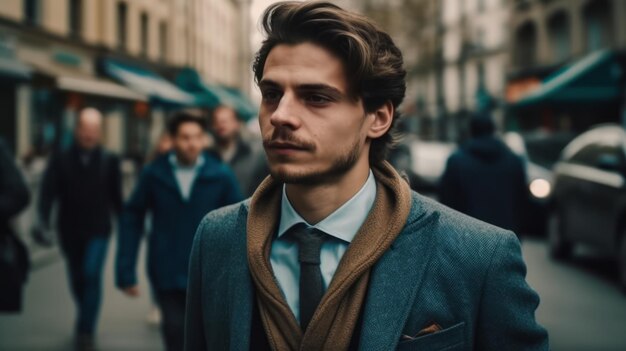 Handsome businessman walking in the street