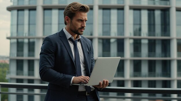 Photo handsome businessman with laptop standing on office terrace and looking away