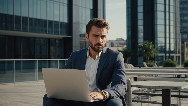 Photo handsome businessman with laptop standing on office terrace and looking away