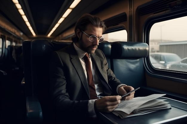 Photo handsome businessman working in business trip riding by highspeed train ai generative