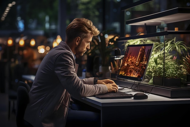 Handsome businessman working on computer in office