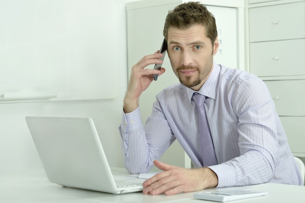 Handsome businessman working with laptop and talking on phone in office