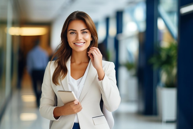 A handsome businesswoman in a suit in office