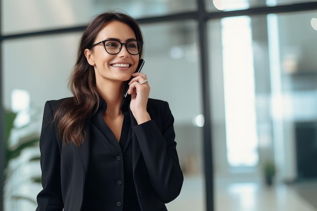 A handsome businesswoman in a suit talking on the phone