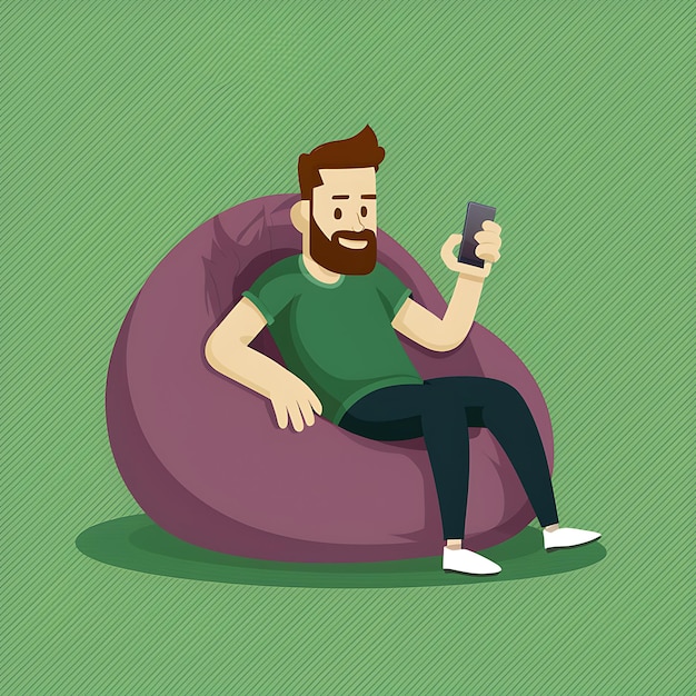 Photo handsome cartoon beard character man in tshirt seating on bean bag using smartphone illustration vector background