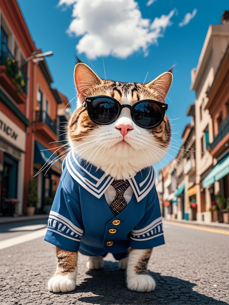 A handsome cat wearing sunglasses is standing on the street