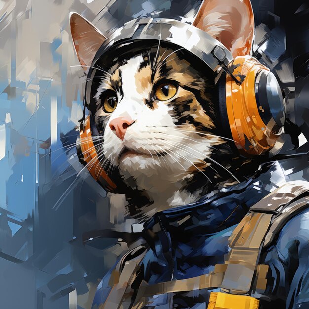 A handsome cat with a racing helmet is racing his eyes are focused