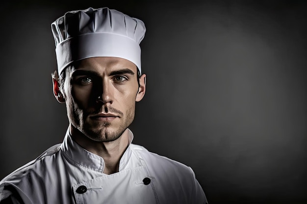 Handsome caucasian serious chef on dark background Generative AI