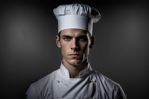 Handsome caucasian serious chef on dark background Generative AI