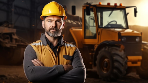 Photo handsome caucasian worker in overall and helmet on head standing with crossed arms neural network ai generated