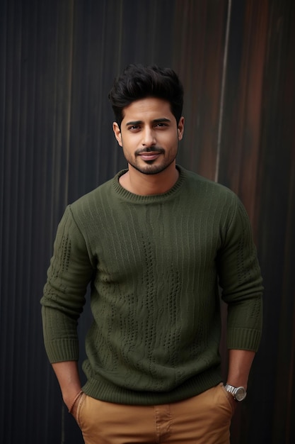 Handsome and cheerful Indian young man wears sweater in winter looking at camera