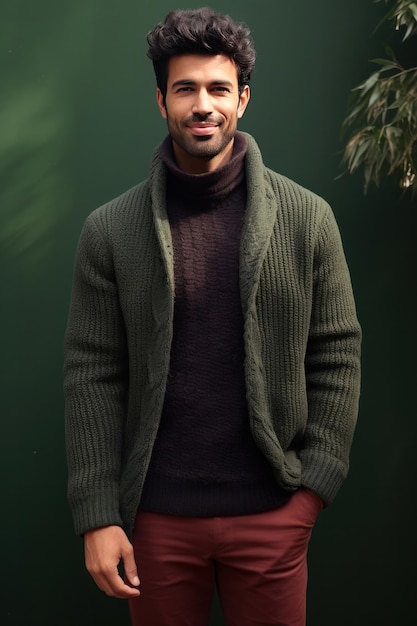 Handsome and cheerful Indian young man wears sweater in winter looking at camera