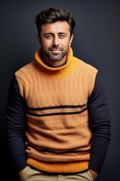 Handsome and cheerful Indian young man wears sweater in winter looking at camera