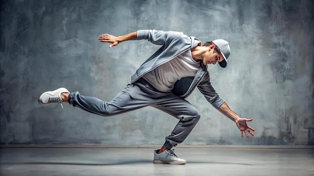 Photo handsome choreographer practice street dance in gray background young attractive bboy dancer perfo