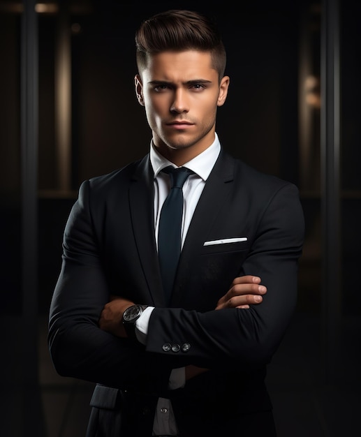 Handsome confident businessman wearing suit standing over black background