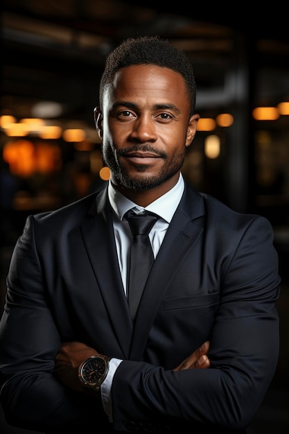 Handsome confident young African American businessman standing in office created with generative AI