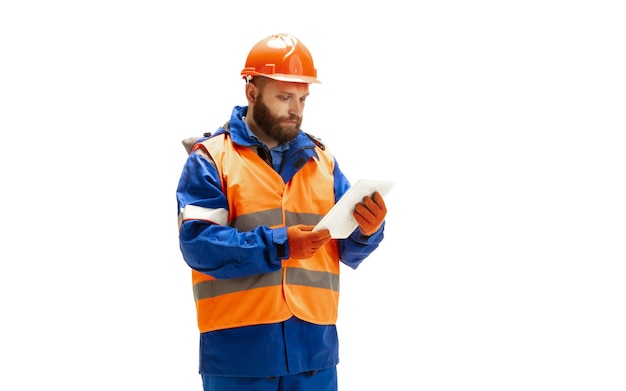 Handsome contractor, builder isolated over white studio background