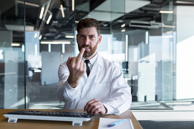 Handsome doctor man in coat and stethoscope showing middle finger fuck you bad expression provocation and rudeness He shouts excited