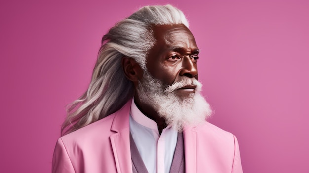 Handsome elderly black African American man with long dreadlocked hair on a pink background banner