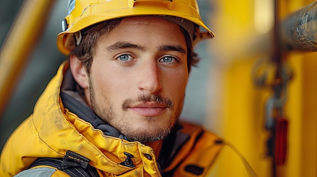 A handsome electrician in work clothes against a yellow background