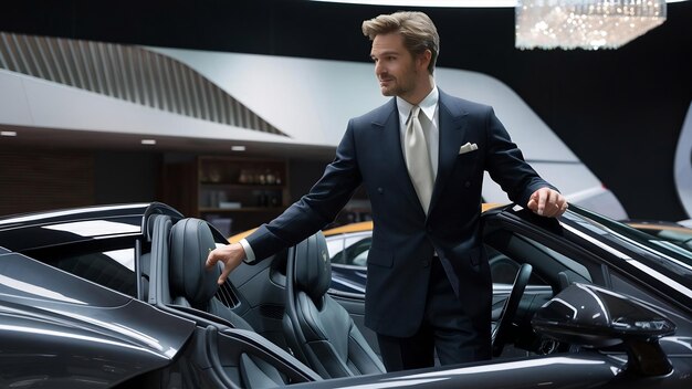 Handsome and elegant man in a car salon