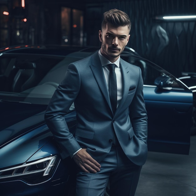 Handsome and elegant man with his car