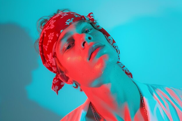 Handsome Fashion Model dressed in a neon red bandana with a neon aqua background reflecting a clothing and edgy fashion lifestyle with a mens urban style