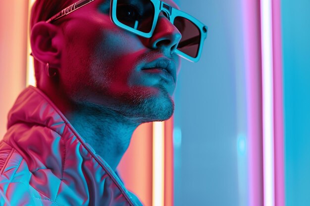 Photo handsome fashion model in metal gray eyewear with neon aqua background stylish lifestyle mens portrait fashion costume