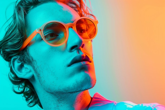 Photo handsome fashion model in neon orange eyewear with neon teal lifestyle mens portrait fashion male background