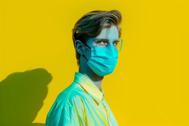 Photo handsome fashion model in neon teal face mask with neon yellow lifestyle mens portrait fashion male background