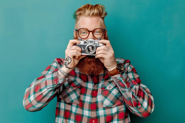 Photo handsome grapher with cameraon green background